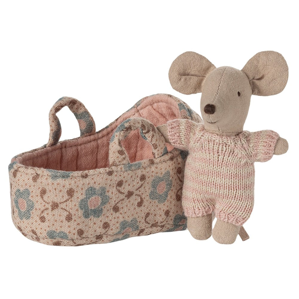 Maileg Baby Mouse in Carry Cot Rose