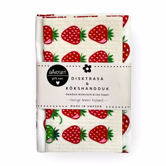 Anneko Strawberry Tea Towel Linen & Dishcloth Gift Set