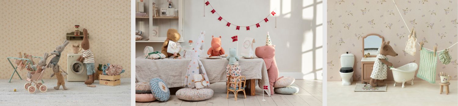 Three cosy Maileg toy scenes showing animals doing laundry, celebrating a party, and bathing in a miniature home setting.