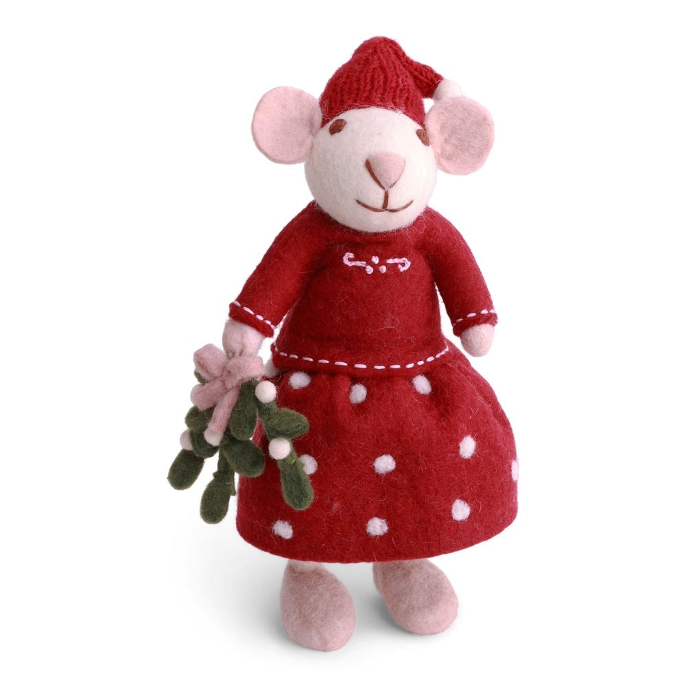 Gry & Sif Mouse Girl Medium White with Mistletoe