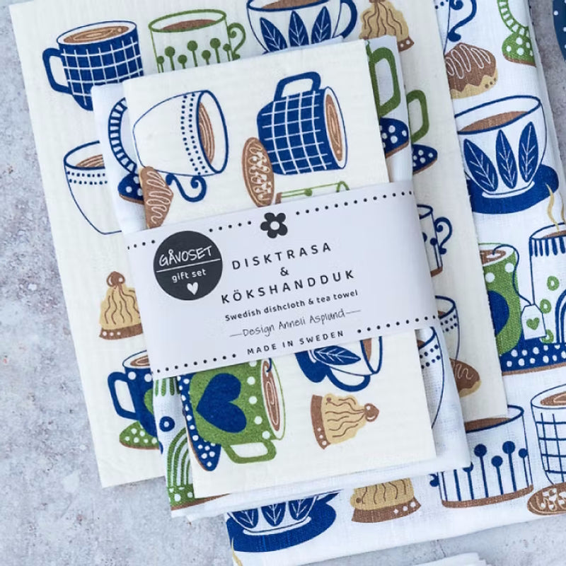 Anneko Blue Fika Tea Towel & Dishcloth Gift Set
