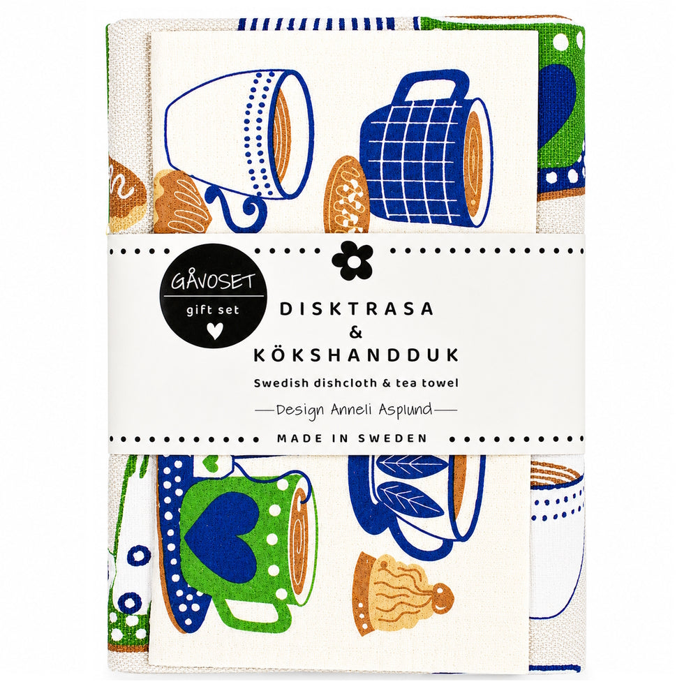 Anneko Blue Fika Tea Towel & Dishcloth Gift Set