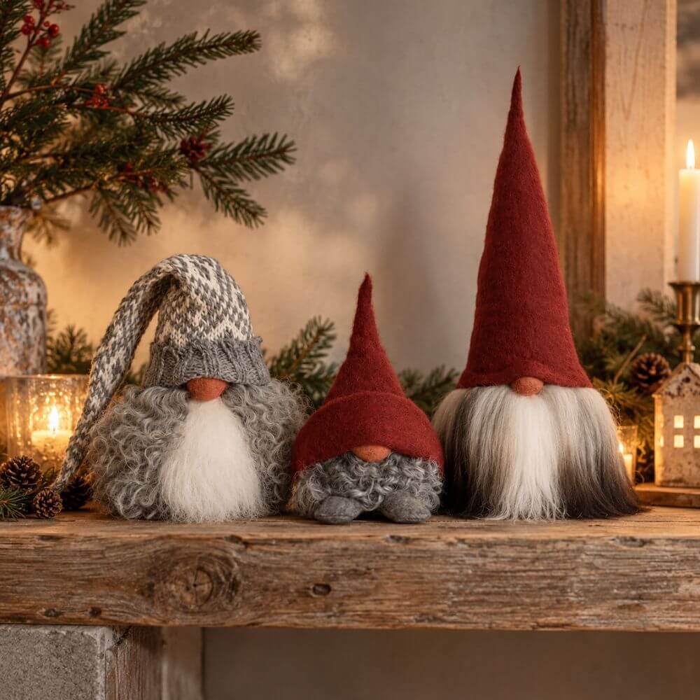 3 Asas Tomtebod Tomte's sitiing on a wooden shelf