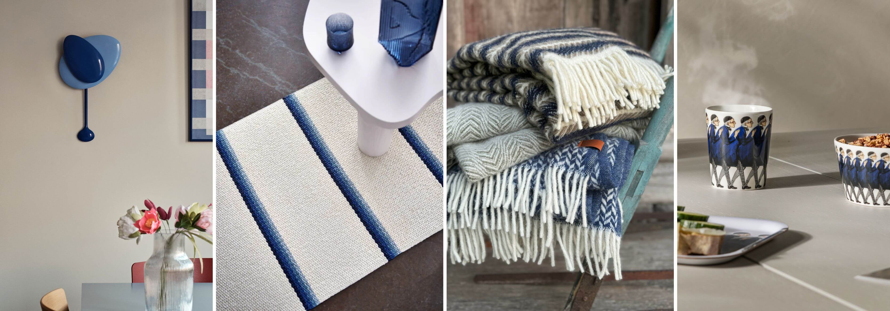 Collage of home decor items including a rug, cushions, and tableware with blue and white patterns.