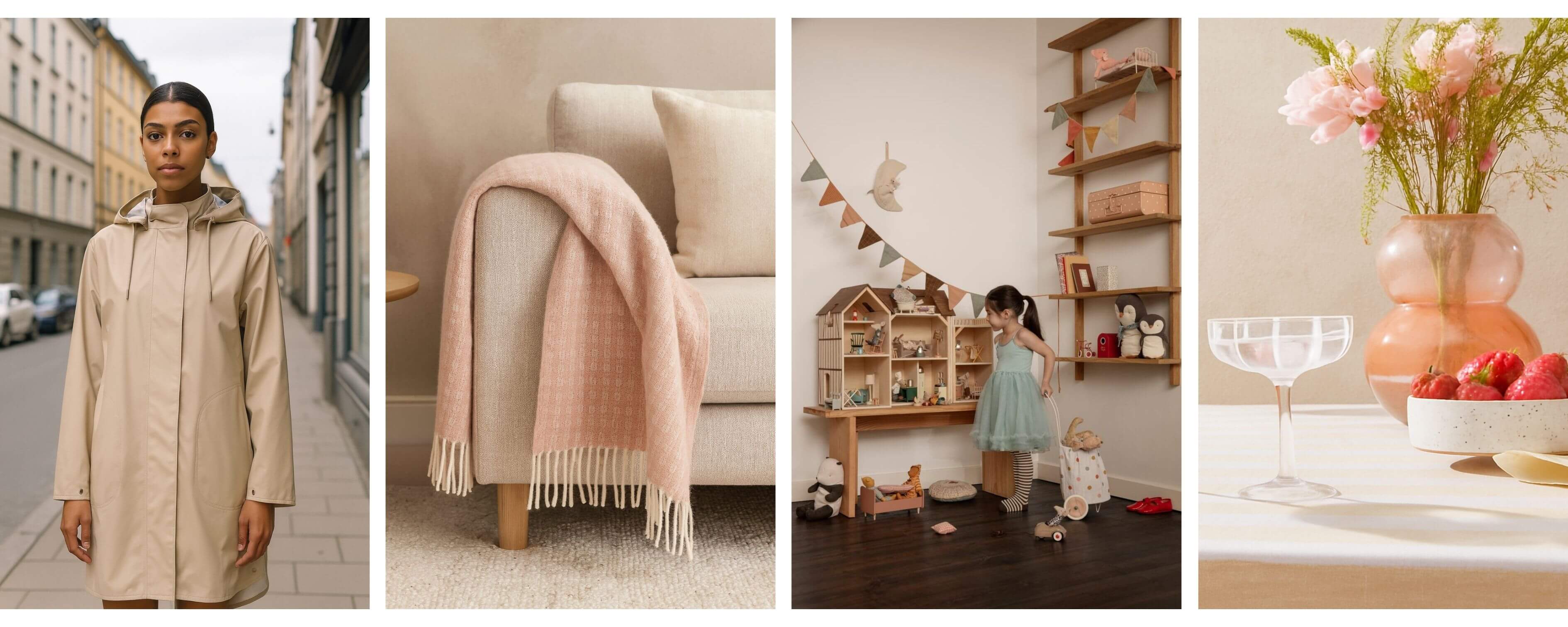 Collage of four images: person in a coat, pink blanket on a chair, child in a room with toys, and a table setting with flowers.