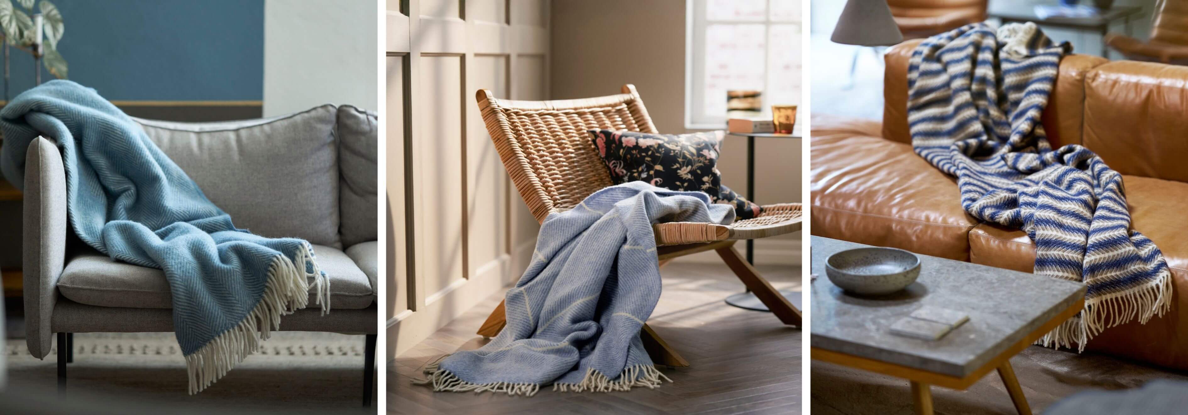 A selection of Klippan blankets styled over furniture