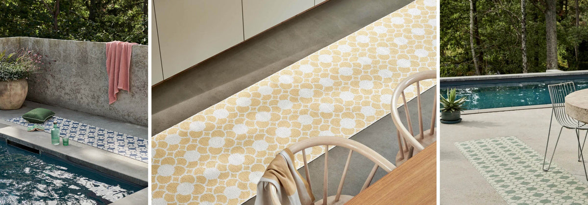 3 Pappelina Anya rugs in different colours and 2 different settings - outdoor by the pool and indoor in the kitchen