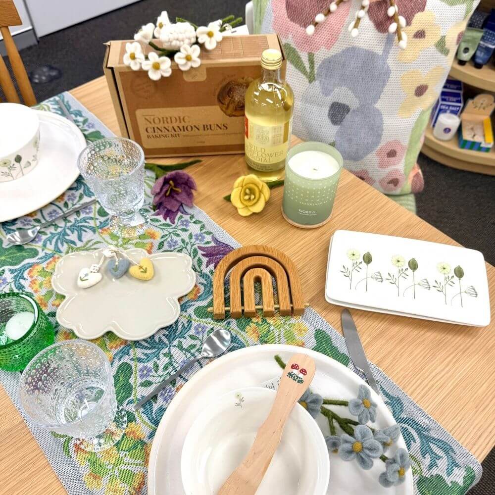 A table setting using a selection of Scandi Spring products 