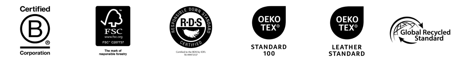 Collection of sustainability and certification logos on a white background, including B Corporation, FSC, RDS, OEKO-Tex and Global Recycled Standard
