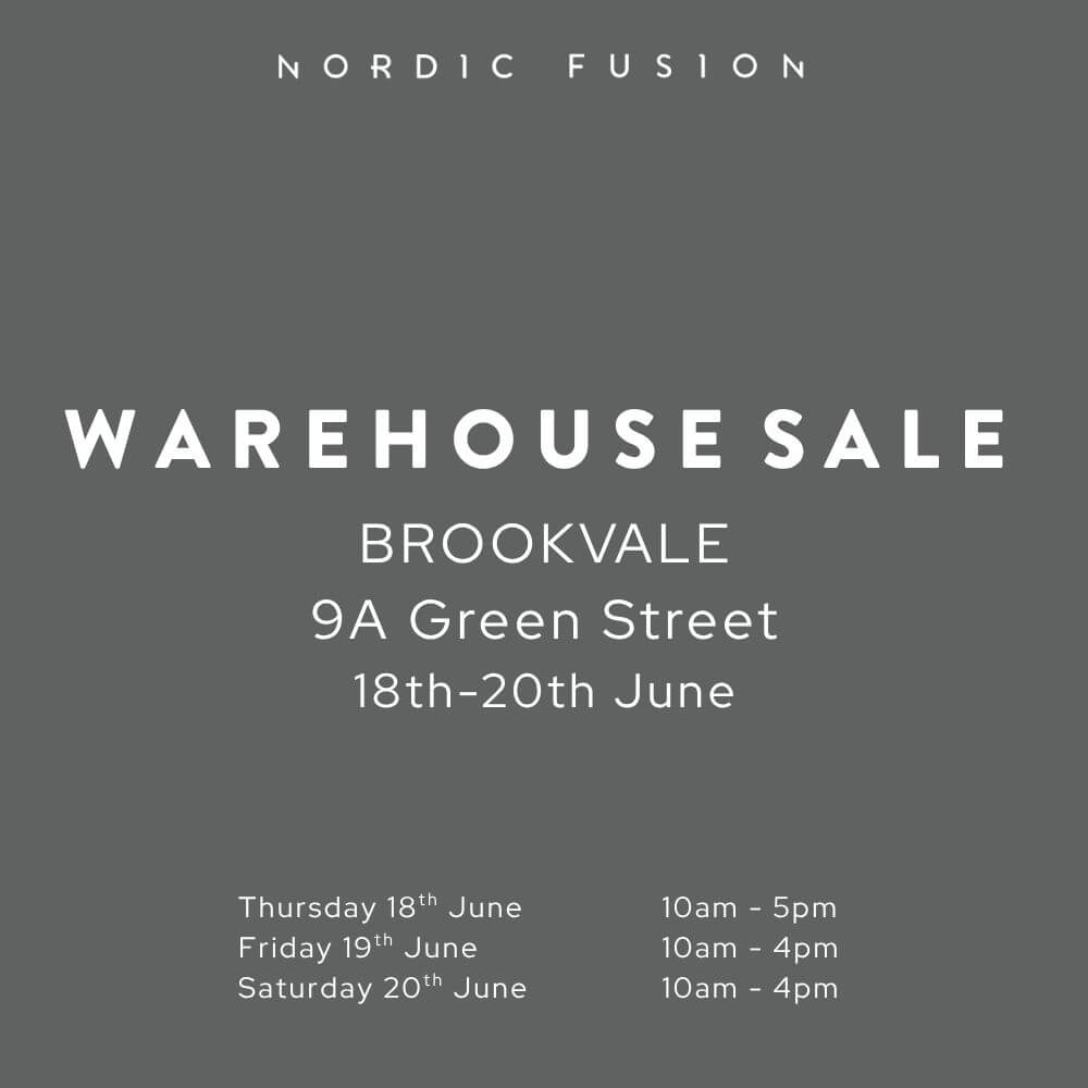 Advertisement for a warehouse sale at Nordic Fusion in Brookvale, with dates and times listed.
